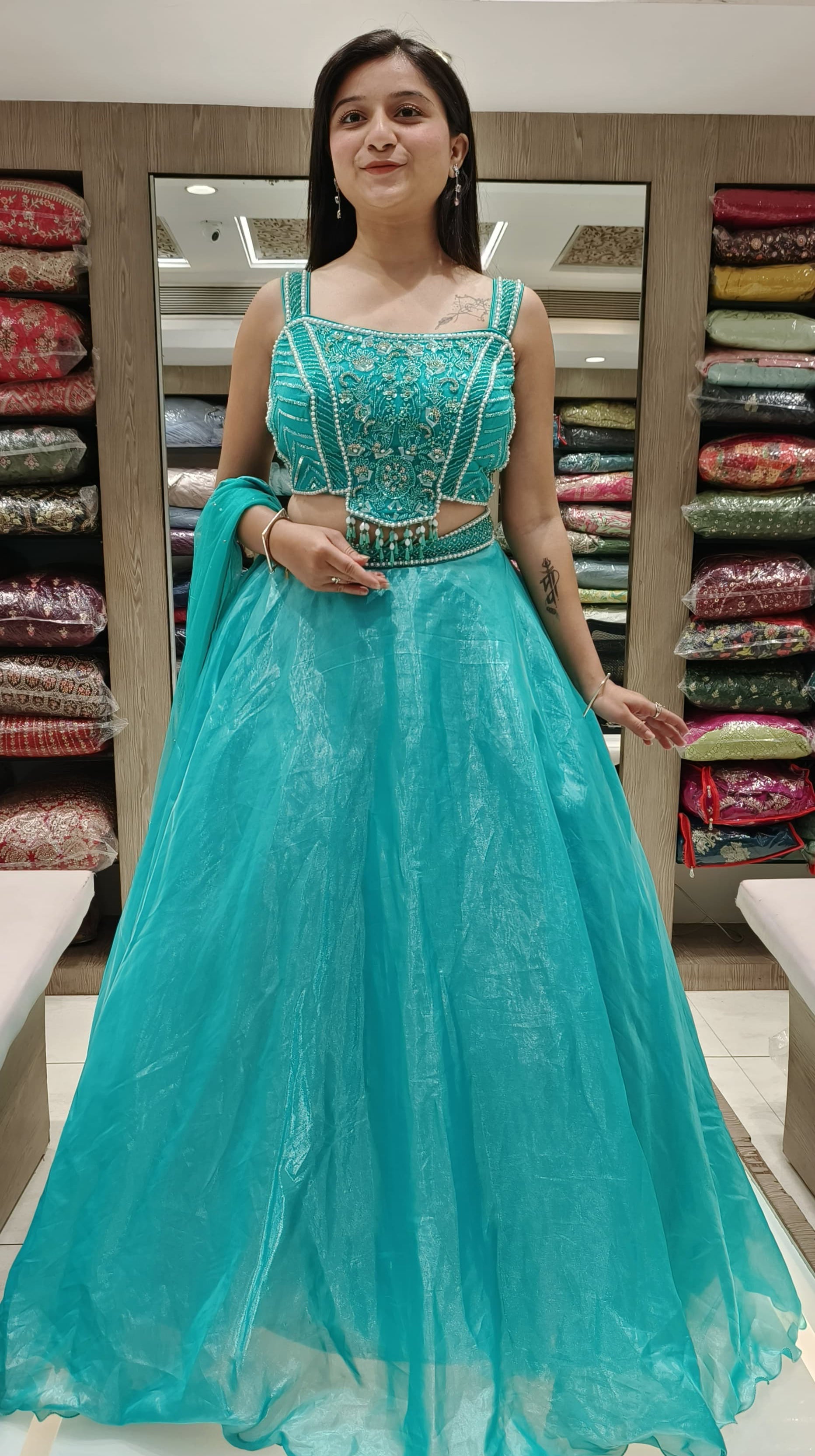 Aqua Color Organza Silk Pearls Work Lehenga Choli